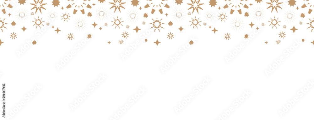 Fototapeta premium Seamless banner with gold circles and stars on a white background. Greeting card, border, pattern