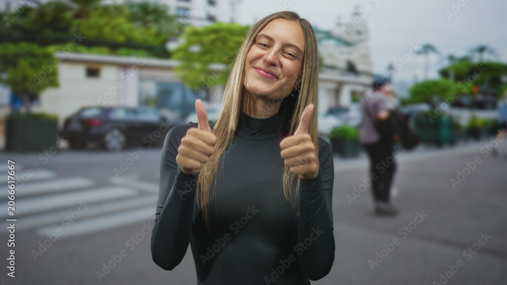 Fototapeta premium Young woman smiling and making ok hand gesture by a crosswalk on a city street wearing a black turtleneck; confidence approval.