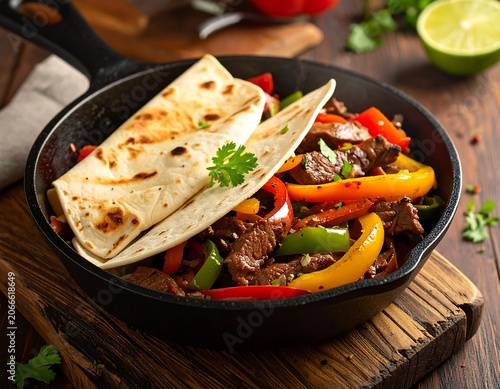 A cast-iron skillet filled with sizzling beef and vegetable fajita mix, topped with folded tortillas on a wooden board