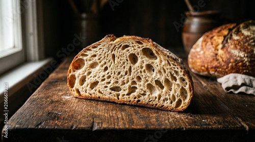 Freshly Sliced Artisan Bread, Rustic Kitchen, Food Photography, Cozy Environment, Close-Up View, Culinary Art