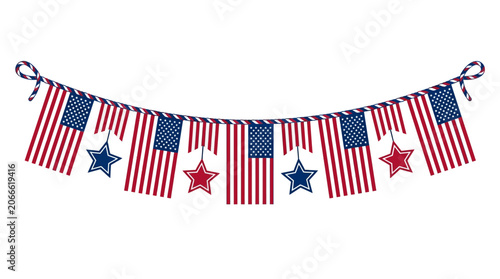 Foto Patriotic banner, American flags, red white blue decoration, festive garland