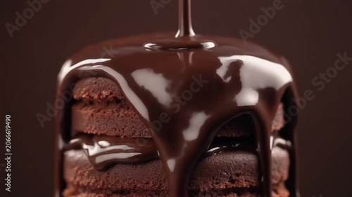 Rich melted dark chocolate slowly drizzling over a layered chocolate cake, glossy texture, studio lighting, slow motion, luxurious dessert presentation, food concept