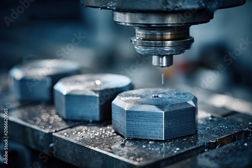 Close up of metal milling machine working on hexagonal bolts.
