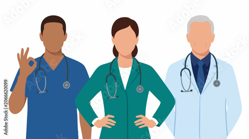 Photos Diverse Team of Medical Professionals with Stethoscopes, Flat Vector Design