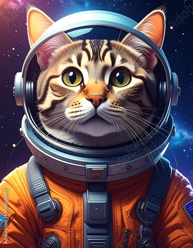 A cat in an orange spacesuit and helmet gazes forward against a starry background