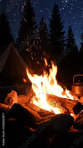 Tent camping with campfire under a starry night sky.