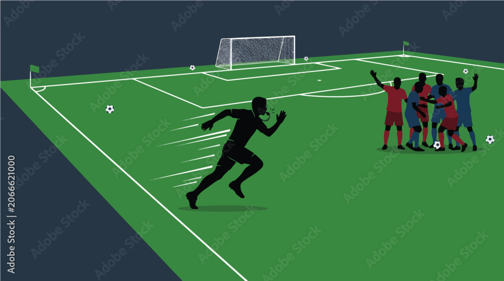 Fototapeta premium Referee Sprinting Toward Match Incident as Players Gather Around