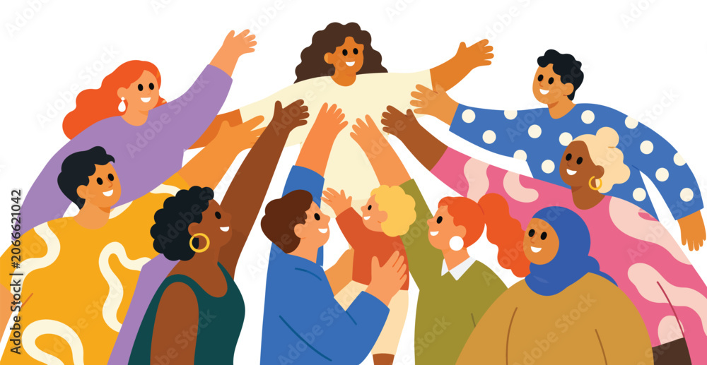 Fototapeta premium Cheerful Diverse Group of People Lifting and Celebrating a Friend Together.