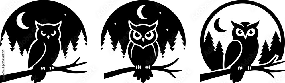 Fototapeta premium Black and white illustrations of owls sitting on tree branches in front of a moonlit night sky with stars and trees owl silhouettes in different poses