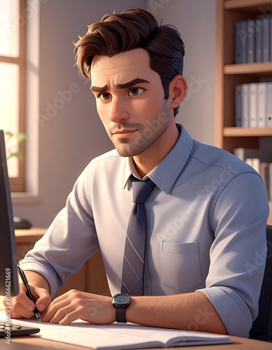 A cartoon man in a blue shirt and tie sits at a desk with a computer
