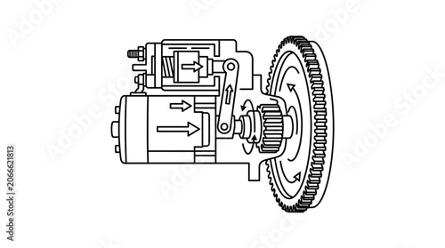 Cuadro en lienzo Starter motor engaging with engine flywheel ring gear assembly.