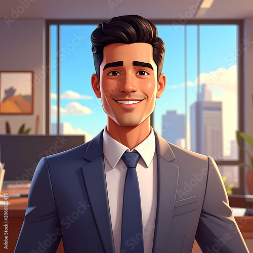 A cartoon man in a blue suit and tie stands smiling in an office