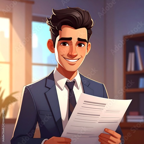 A cartoon man in a blue suit holds a paper in an office