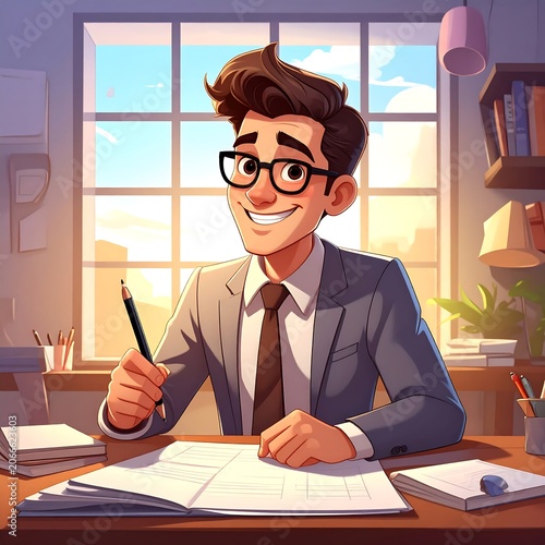 A cartoon man in a suit and glasses sits at a desk, smiling while holding a pencil over papers