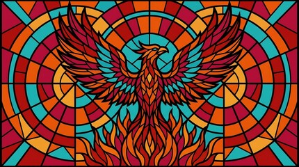 Phoenix Rising From Flames Stained Glass Mosaic Intricate Vector Illustration