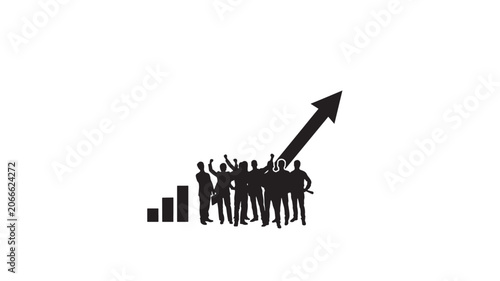 Black silhouettes of people celebrating with a rising arrow graph