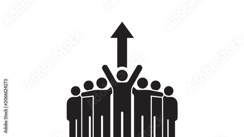A group of people with one person standing out and an upward arrow
