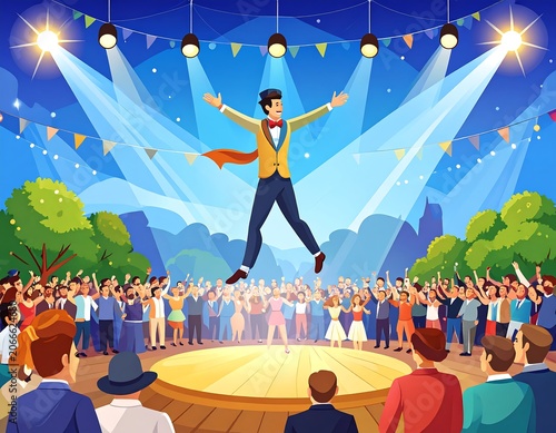 A cartoon man in a yellow jacket jumping on a stage surrounded by a cheering crowd