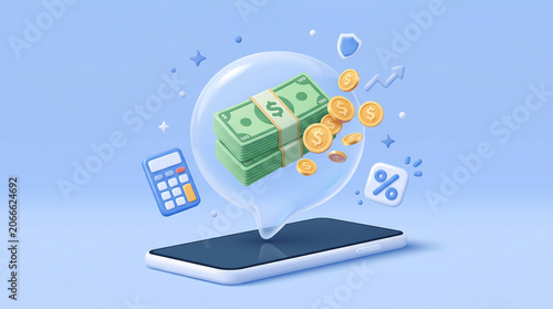 Foto 3d render of a smartphone with floating money and financial icons