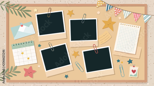 Cork board with empty photo frames, calendar, paper notes and decorative elements