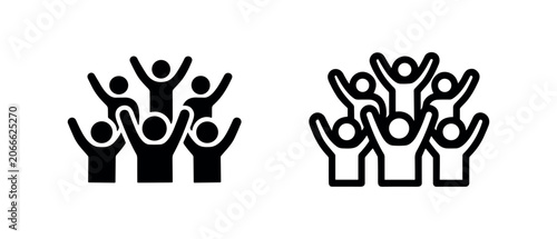 Tableau sur toile Group of people with raised hands icon, crowd cheering or teamwork symbol in solid and outline styles