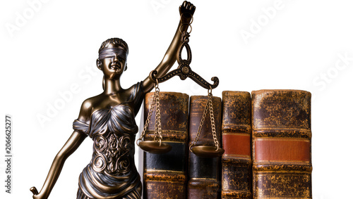 Obraz na płótnie Isolated Lady Justice statue holding scales next to antique law books, symbolizing legal system