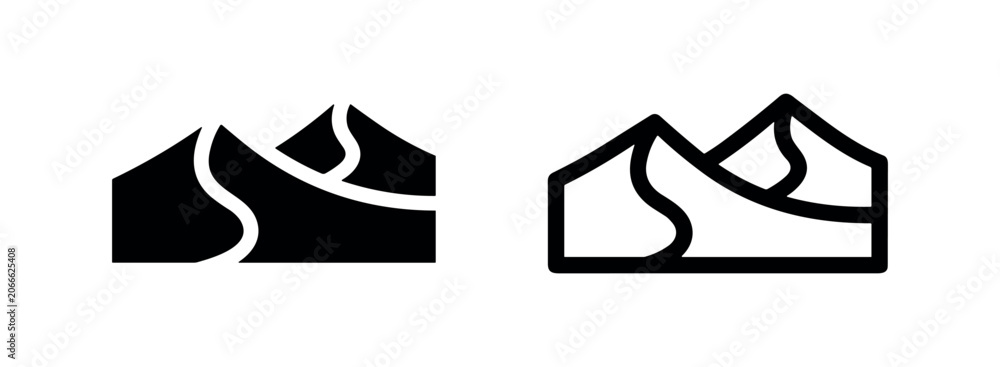 Fototapeta premium Desert dunes or mountains icon, solid and outline versions. Landscape glyph. Flat vector illustration for web and mobile.