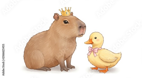 cute cartoon capybara wearing tiny crown beside duck wearing ribbon in watercolor cozy pastel style, isolated on white background