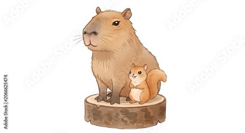 cute cartoon capybara and tiny squirrel sitting on same log smiling in watercolor style with cute soft tone, isolated on white background