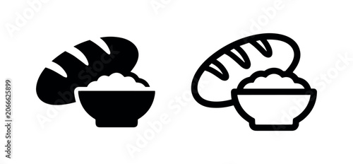 Foto Bread loaf and rice bowl food icon in solid and outline style, symbolizing staple foods and carbohydrates