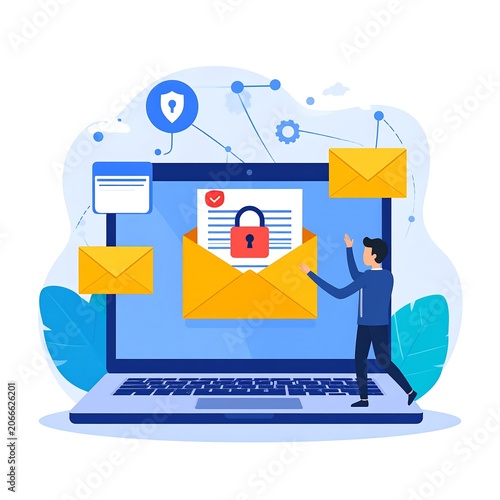 A cartoon man interacts with a large laptop displaying an email inbox with a secure lock, surrounded by floating envelopes and security symbols on a blue background with green leaves