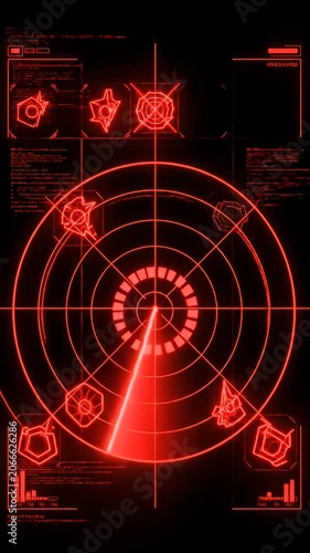 Vertical red digital radar interface with circular tracking grid.