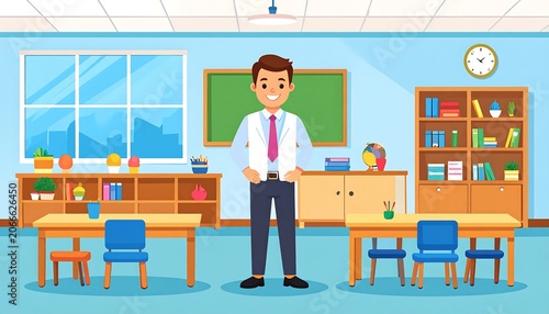 A cartoon man stands in a classroom with desks and a bookshelf