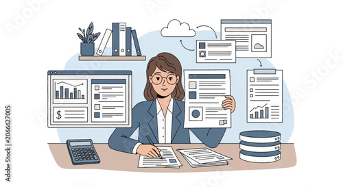 Professional female accountant organizing financial reports and data charts on a desk with a calculator, cloud computing symbols, digital dashboards, and business document icons.