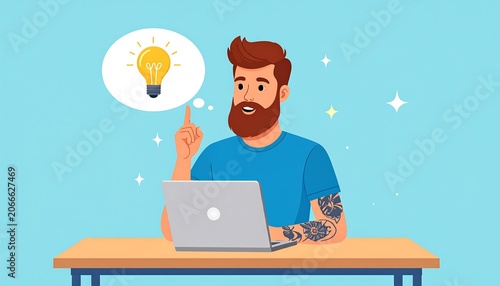 A cartoon man with brown hair and a beard sits at a desk with a laptop and thinks