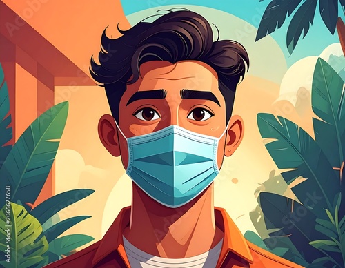 A cartoon man with brown hair and a blue surgical mask