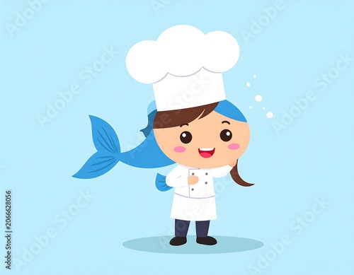 A cartoon mermaid in chef attire with a hat