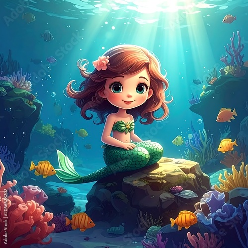 A cartoon mermaid with brown hair and green tail sits on a rock surrounded by colorful fish and coral underwater