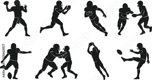 Konstfotografi American football player silhouettes set of athletes running throwing catching a