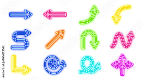 Collection of colorful neon arrows pointing in various directions on a white background