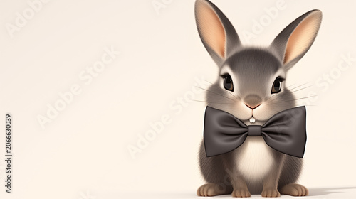 Illustration of a gray rabbit with black bow tie sitting on light background with copy space