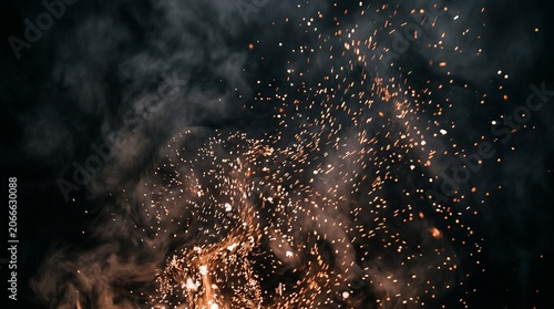 Bright orange sparks and smoke rising from a campfire at night