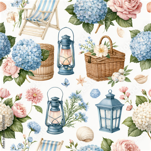 Elegant coastal hydrangea seamless patterns featuring watercolor blue hydrangeas, blush roses, beach cottages, sailboats, lighthouses, Adirondack chairs, baskets, seashells, nautical decor and seaside