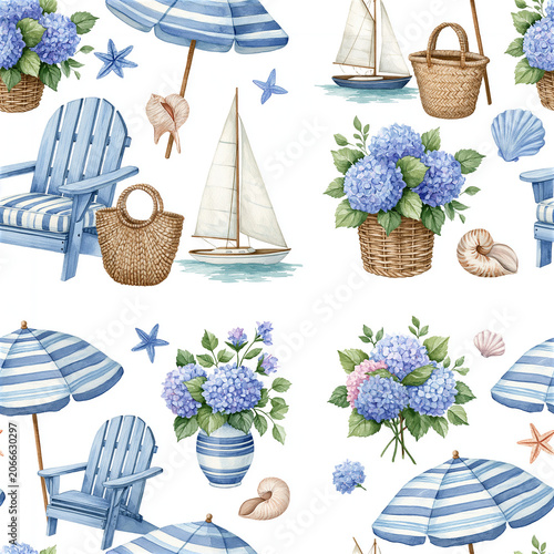 Elegant coastal hydrangea seamless patterns featuring watercolor blue hydrangeas, blush roses, beach cottages, sailboats, lighthouses, Adirondack chairs, baskets, seashells, nautical decor and seaside