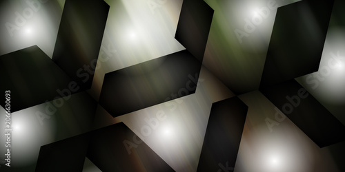 Foto Abstract geometric composition with dark shapes and glowing light orbs