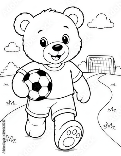 Cute Teddy Bear Playing Soccer Coloring Page for Kids Black and White Cartoon Illustration