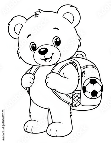 Cute Teddy Bear Playing Soccer Coloring Page for Kids Black and White Cartoon Illustration
