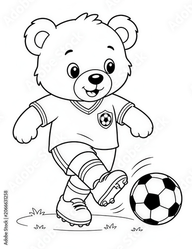 Cute Teddy Bear Playing Soccer Coloring Page for Kids Black and White Cartoon Illustration