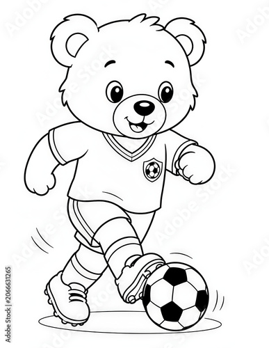 Cute Teddy Bear Playing Soccer Coloring Page for Kids Black and White Cartoon Illustration
