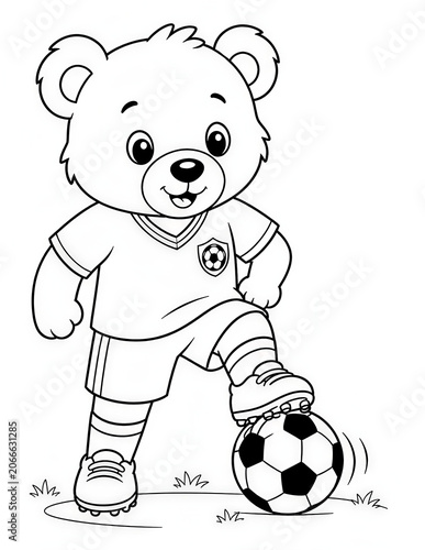 Cute Teddy Bear Playing Soccer Coloring Page for Kids Black and White Cartoon Illustration